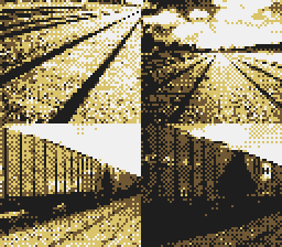 A 4-colour pixelated picture of traintracks and trains split into 4 shots