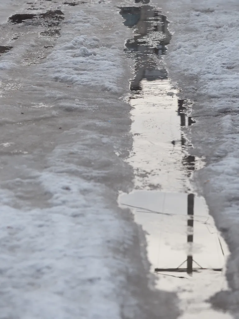 telephone poles reflected in a long puddle following car tracks in a lane