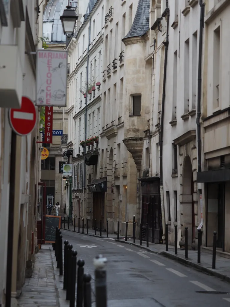 a narrow street flanked by bollard and by tall grey buildings