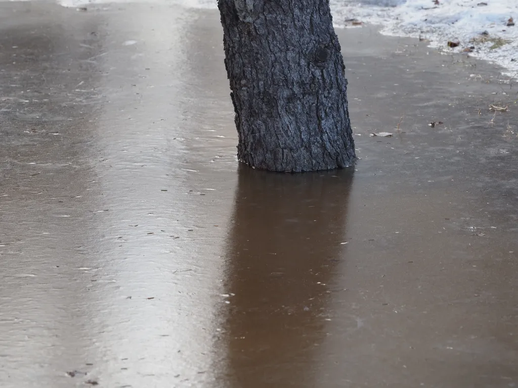 a tree in a frozen puddle