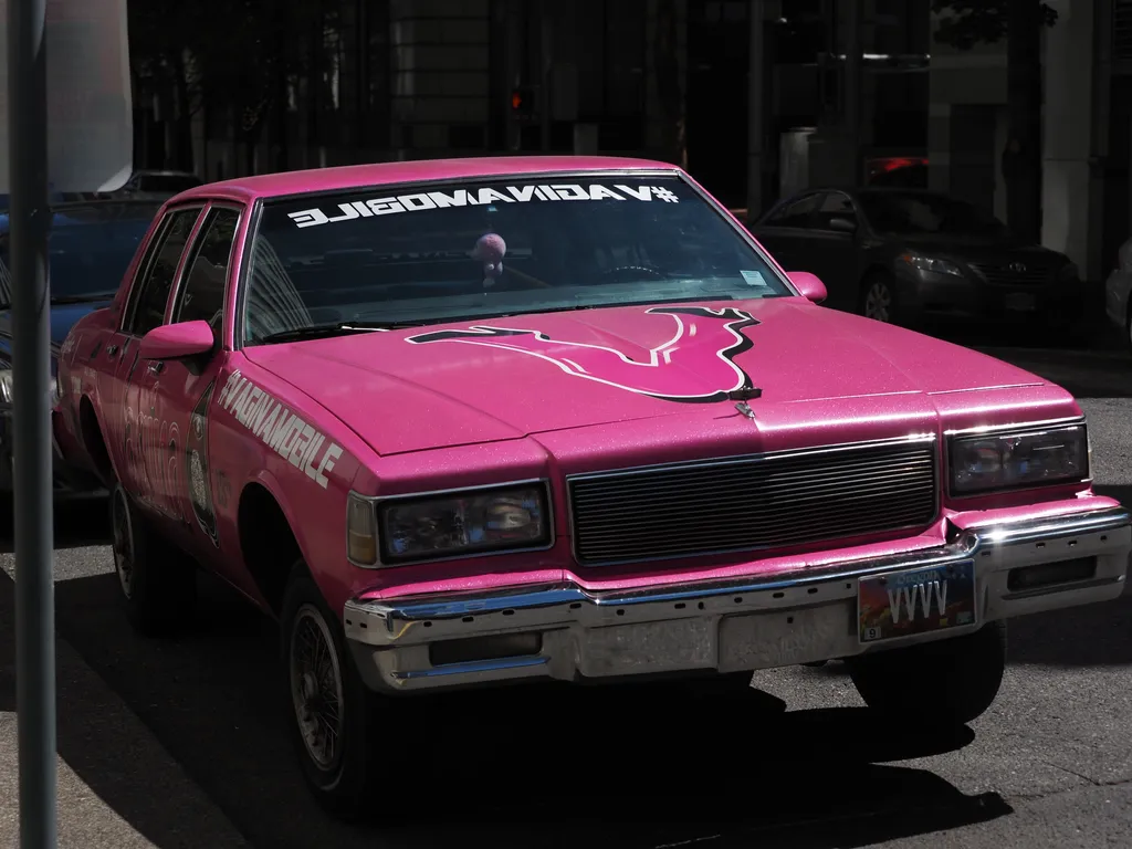 a bright pink car with license plate vvvv, a pink v with heels on the hood, and #vaginamobile on the front window to make it legible to a car's rearview mirror