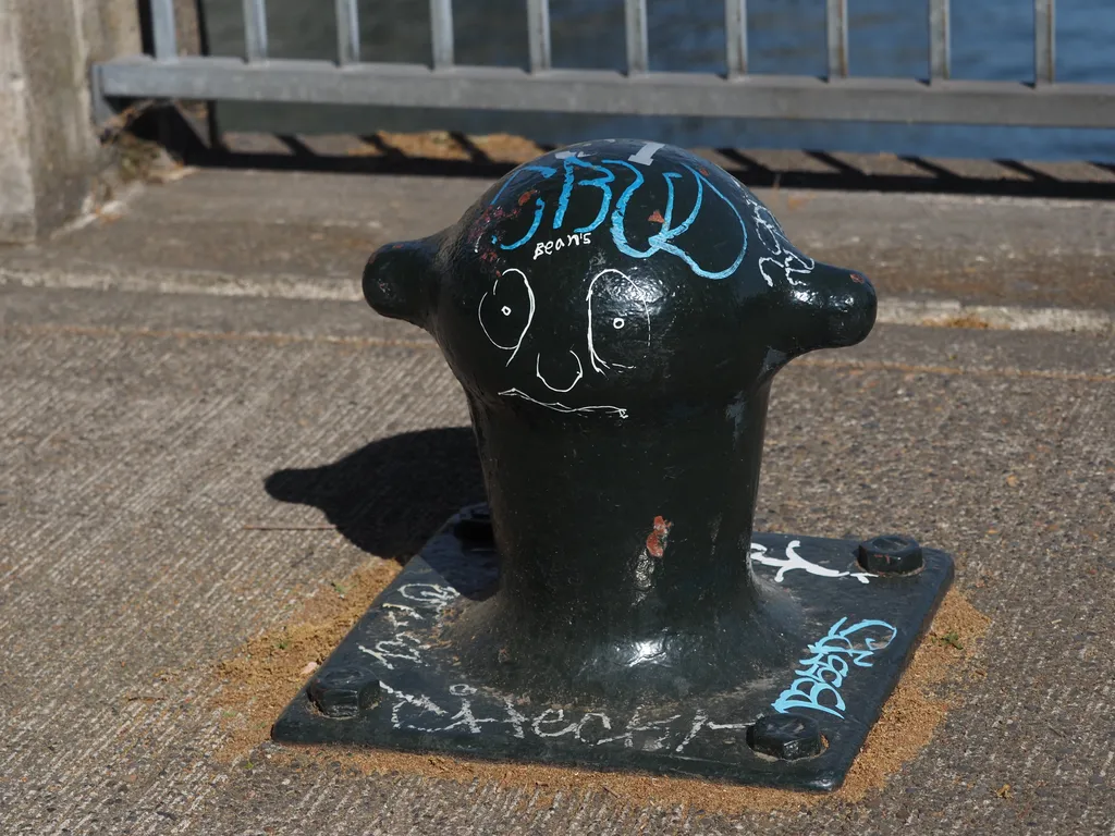 a face drawn on a cleat by the river. Also the word beans