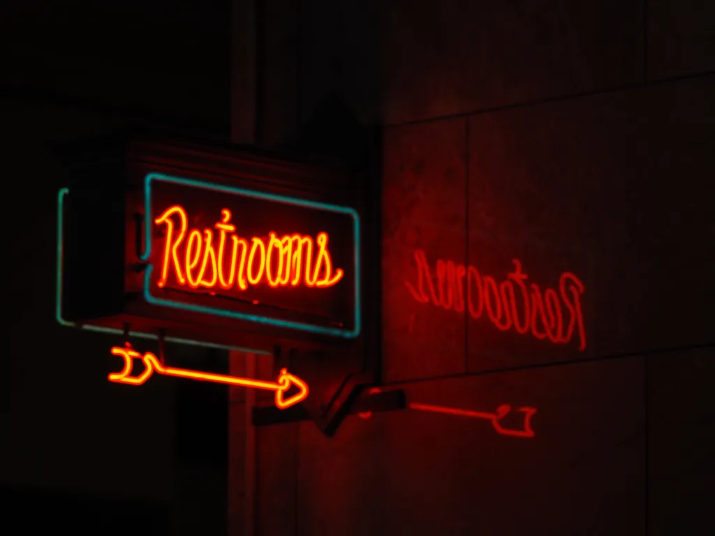 a neon restrooms sign reflected on a marble wall