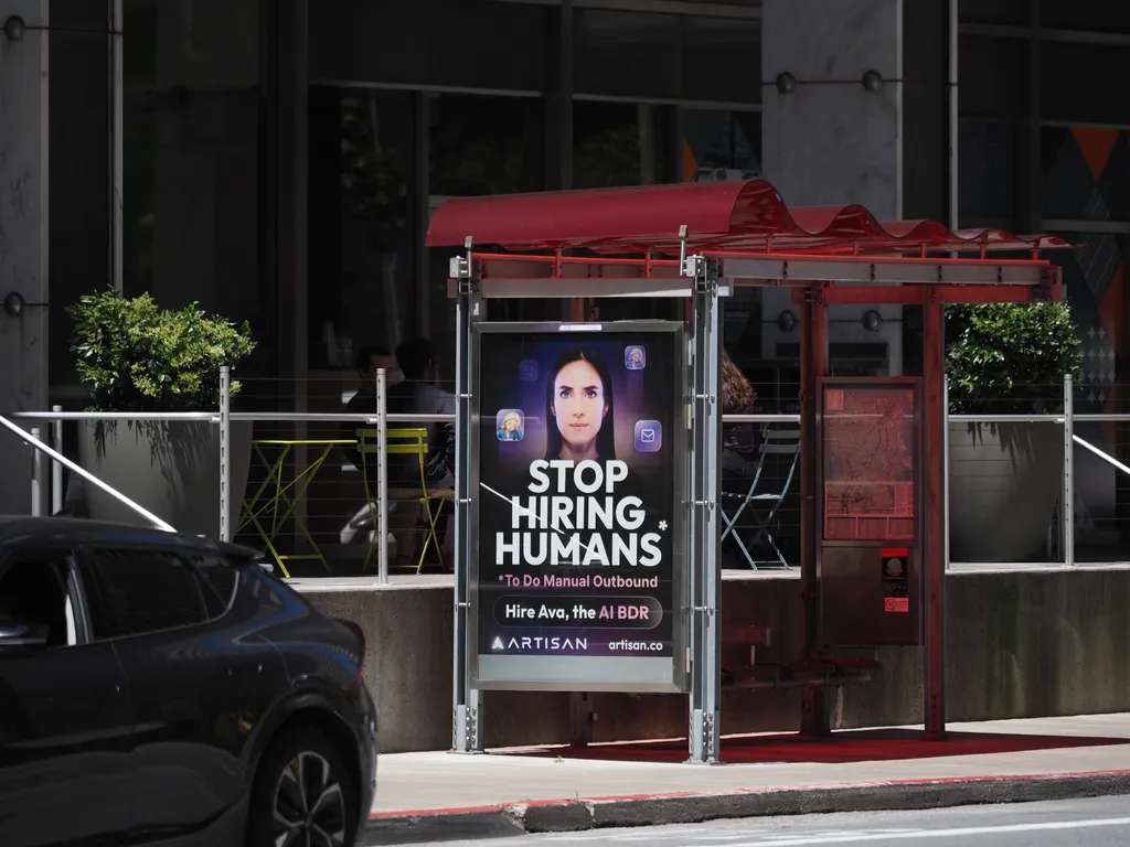 a bus stop ad: Stop Hiring Humans (To Do Manual Outbound). Hire Ava the AI BDR