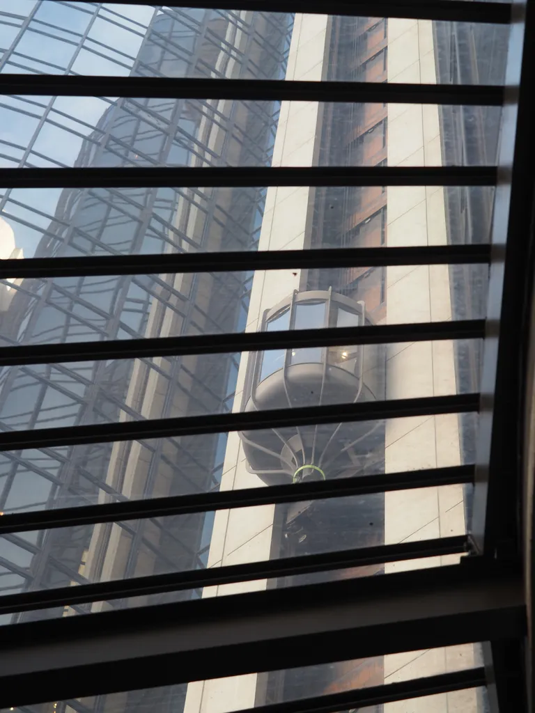 an elevator visible through a skylight