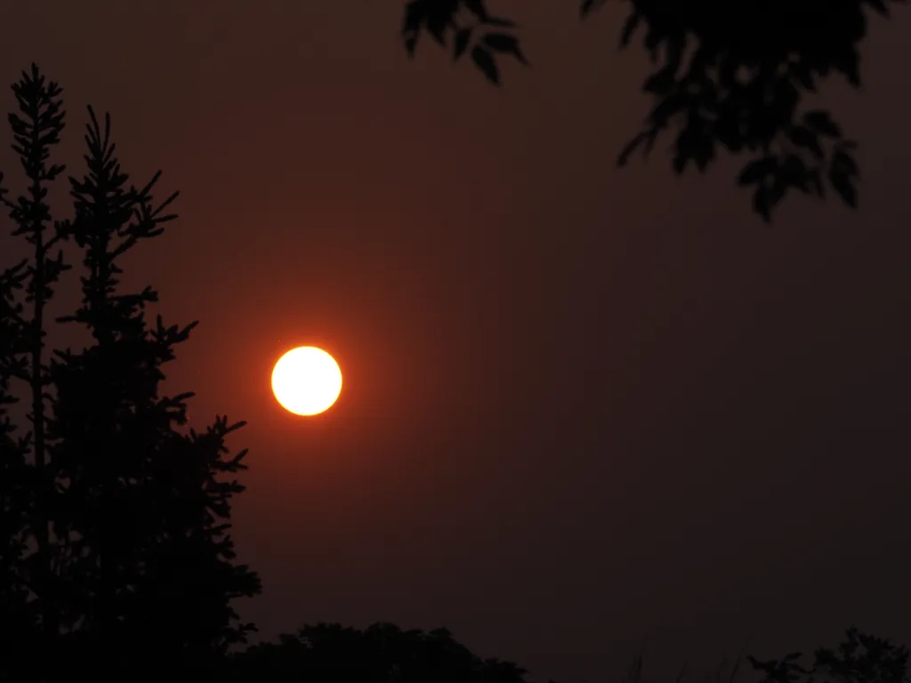 the sun setting on a smokey day