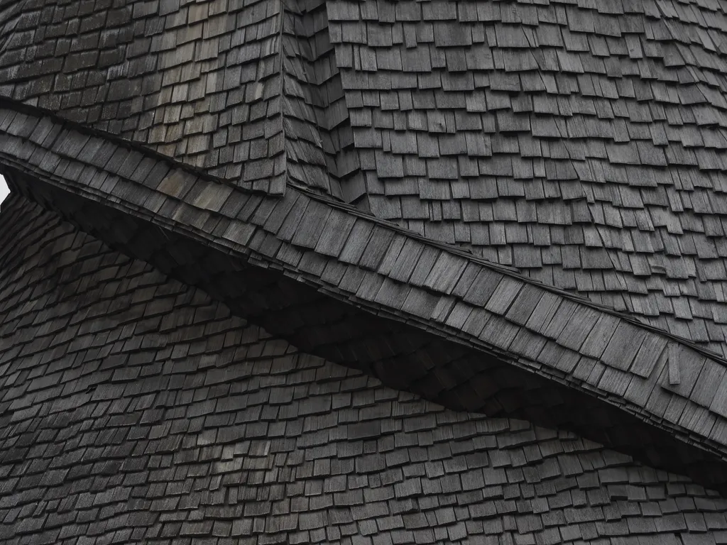 the spiral shingle roof of a parish