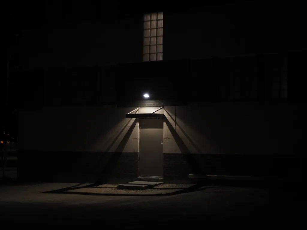 a doorway lit up at night