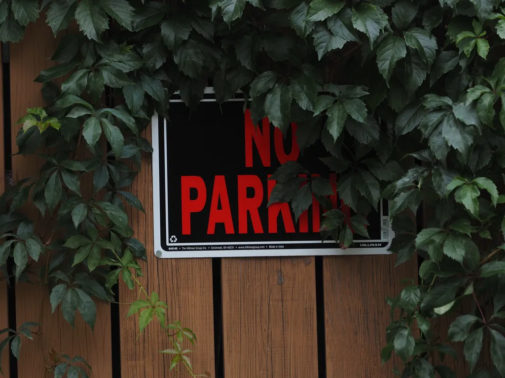 a no parking sign on a vine-covered fence