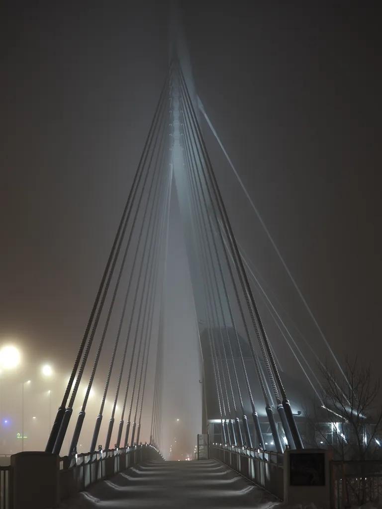 a bridge on a foggy night