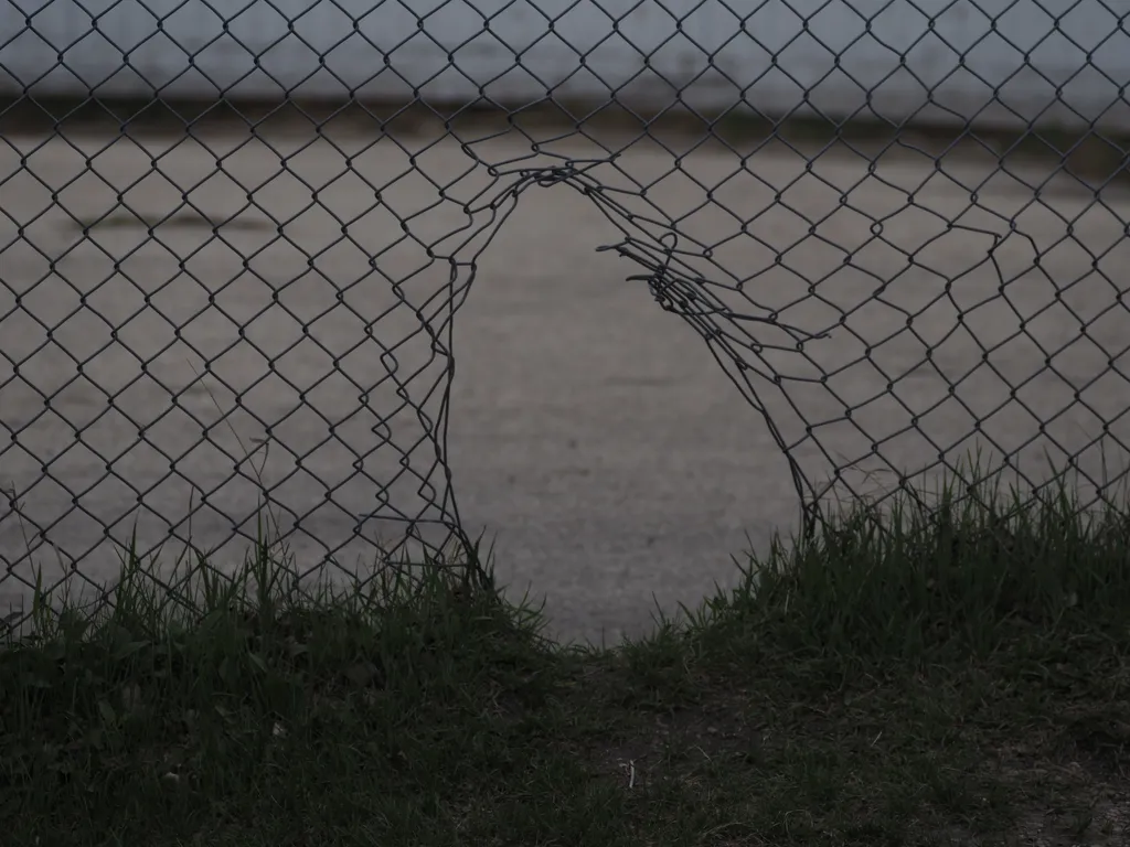 a hole ina chain-link fence